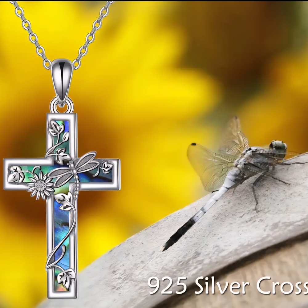 925 Sterling Silver Cross pendant with Dragonfly & Abalone Shells